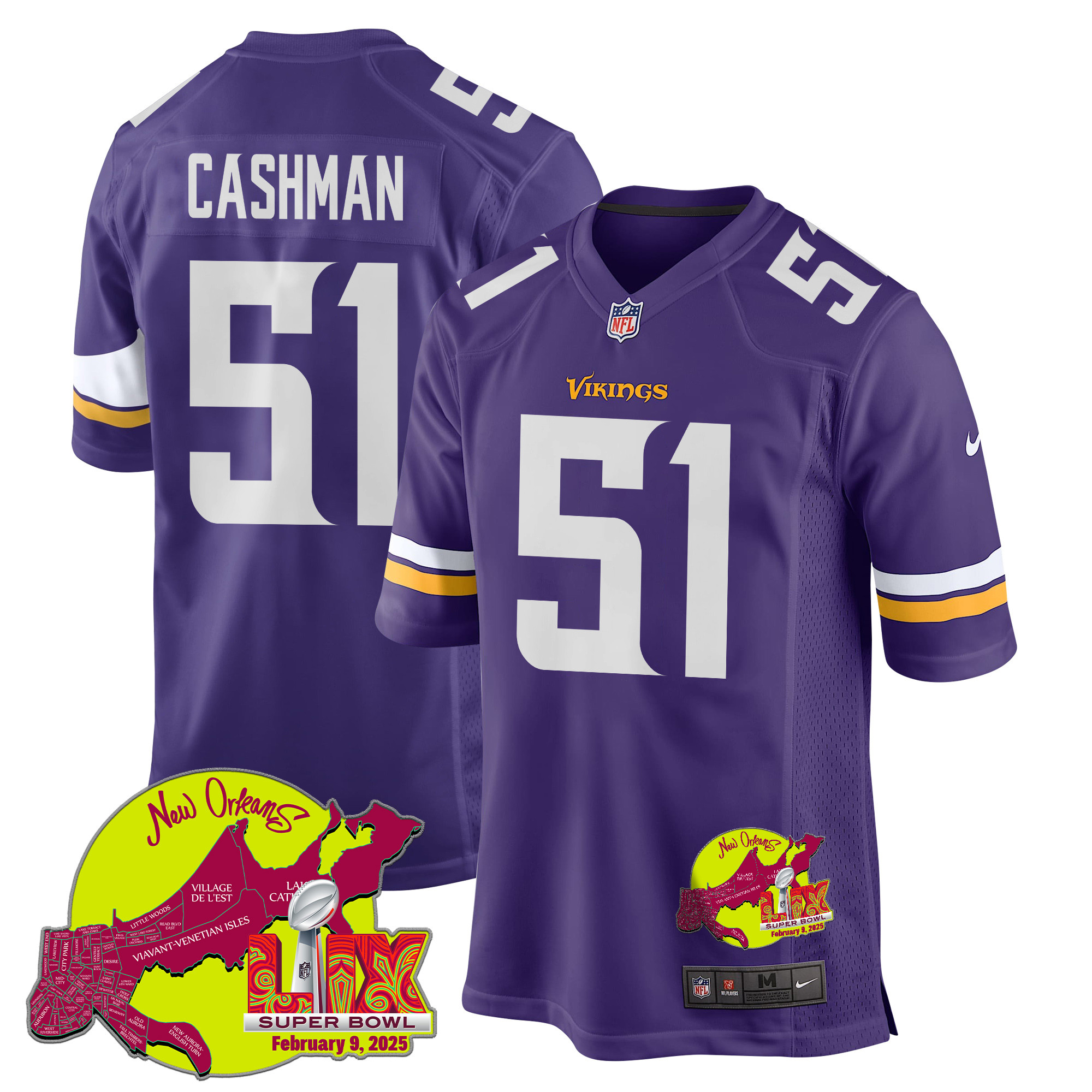 Blake Cashman #51 Minnesota Vikings Super Bowl LIX Game Jersey - Men's | Purple