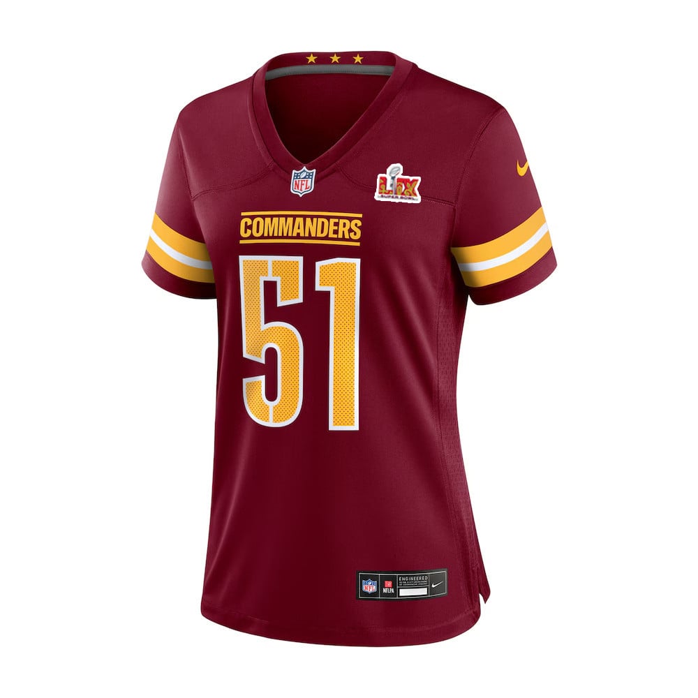 Alternative view of Bobby Hart #51 Washington Commanders Super Bowl LIX Game Jersey - Women's | Burgundy