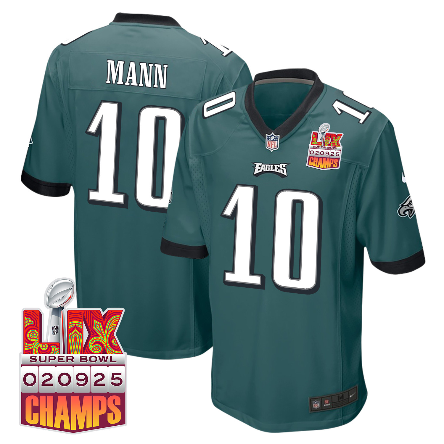 Braden Mann #10 Philadelphia Eagles Super Bowl LIX Champions Patch Game Jersey - Men's | Midnight Green