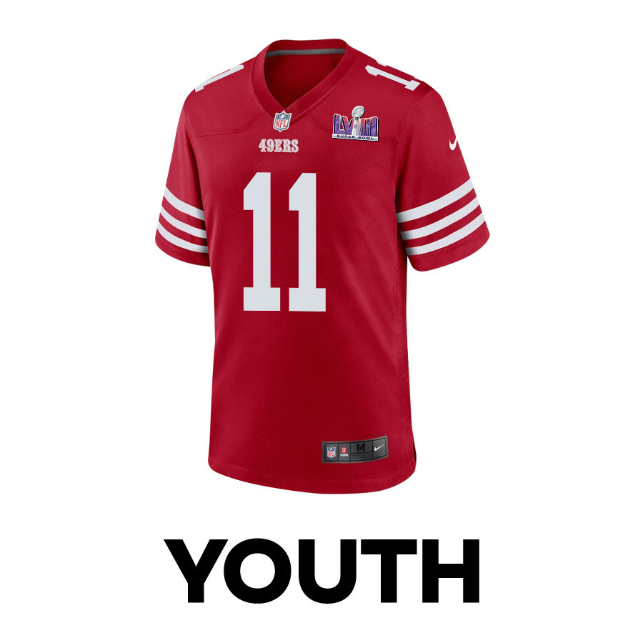 Alternative view of Brandon Aiyuk #11 San Francisco 49ers Super Bowl LVIII Patch Game Jersey - Youth | Scarlet