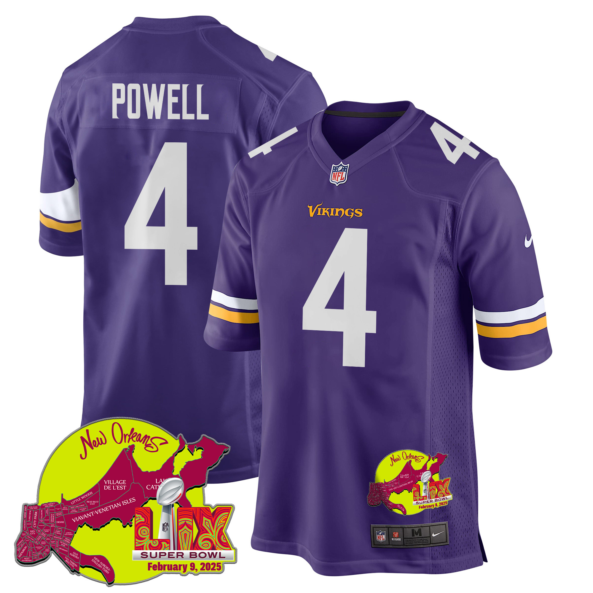 Brandon Powell #4 Minnesota Vikings Super Bowl LIX Game Jersey - Men's | Purple