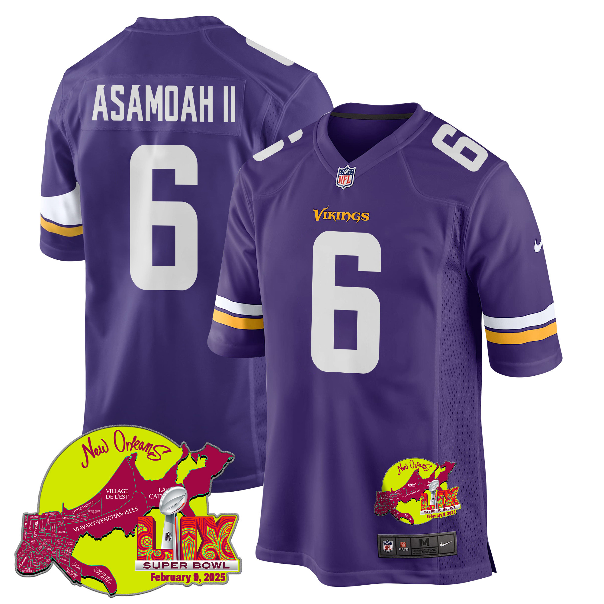 Brian Asamoah II #6 Minnesota Vikings Super Bowl LIX Game Jersey - Men's | Purple