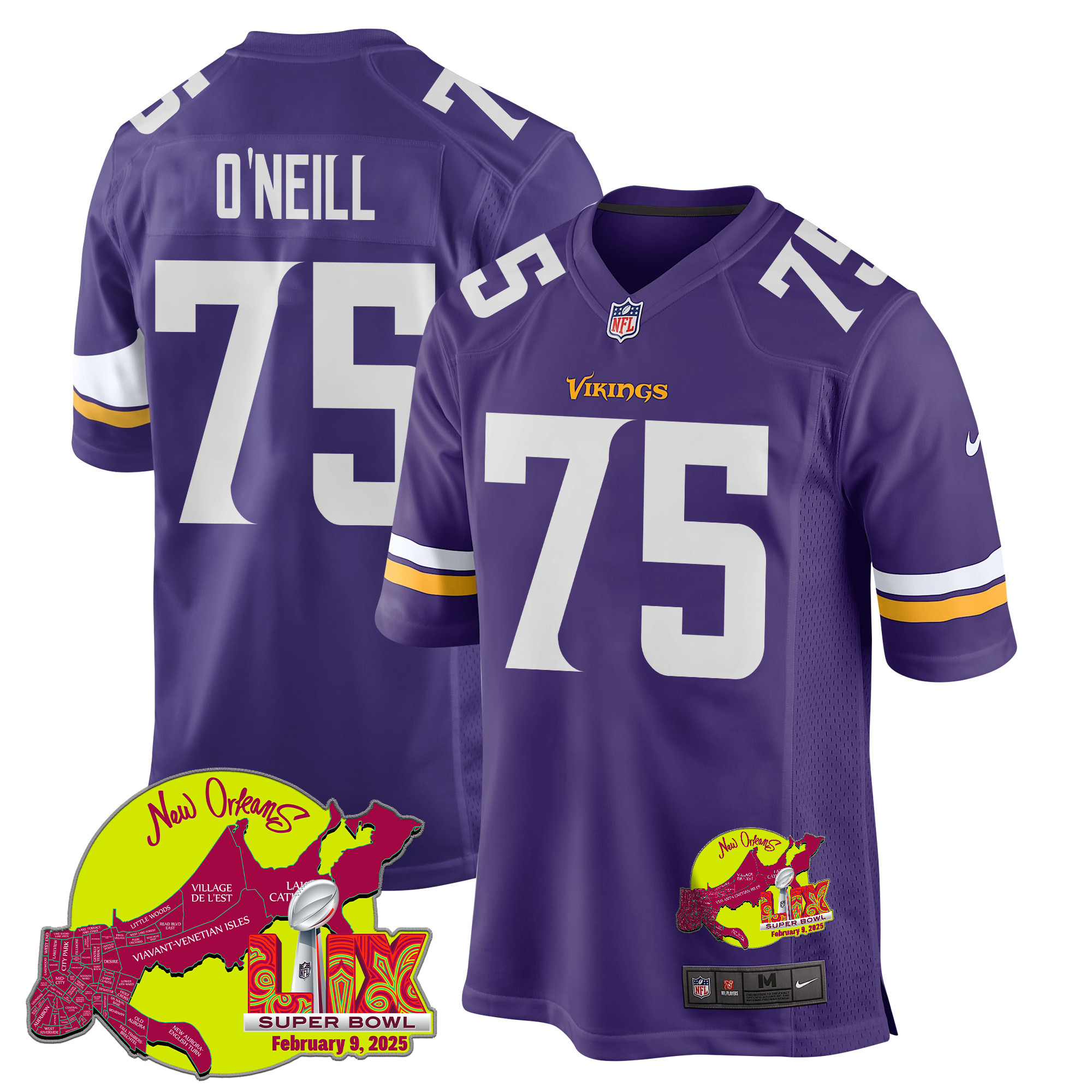 Brian O'Neill #75 Minnesota Vikings Super Bowl LIX Game Jersey - Men's | Purple
