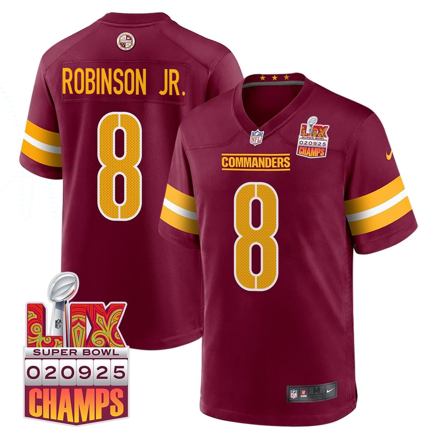 Brian Robinson Jr. #8 Washington Commanders Super Bowl LIX Champions Patch Game Jersey - Men's | Burgundy