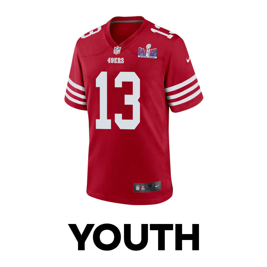 Alternative view of Brock Purdy #13 San Francisco 49ers Super Bowl LVIII Patch Game Jersey - Youth | Scarlet