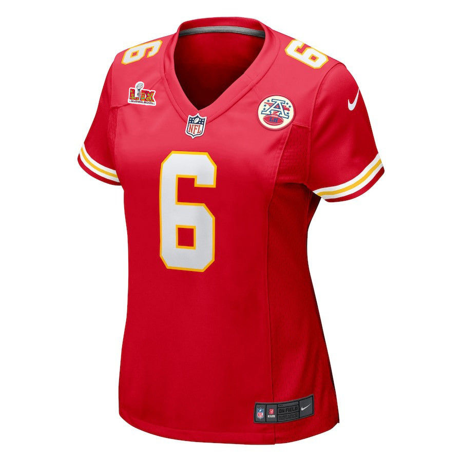 Alternative view of Bryan Cook #6 Kansas City Chiefs Super Bowl LIX Game Jersey - Women's | Red