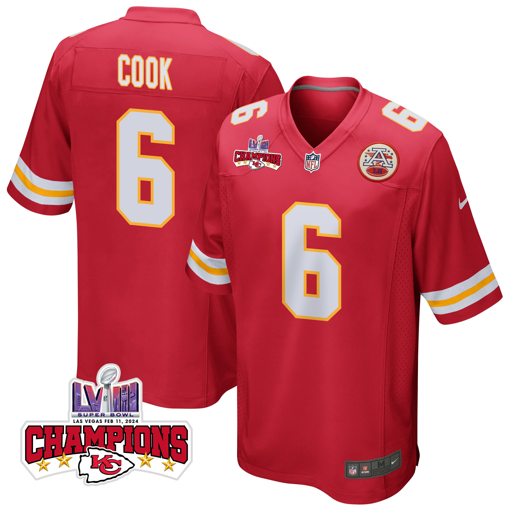 Bryan Cook #6 Kansas City Chiefs Super Bowl LVIII Champions 4 Stars Patch Game Jersey - Men's | Red