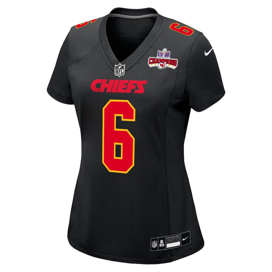 Alternative view of Bryan Cook #6 Kansas City Chiefs Super Bowl LVIII Champions 4 Stars Patch Game Jersey - Women's | Carbon Black