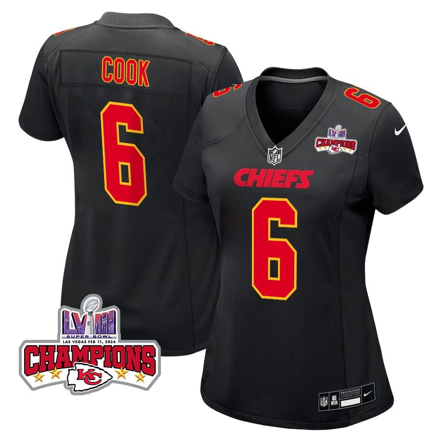Bryan Cook #6 Kansas City Chiefs Super Bowl LVIII Champions 4 Stars Patch Game Jersey - Women's | Carbon Black