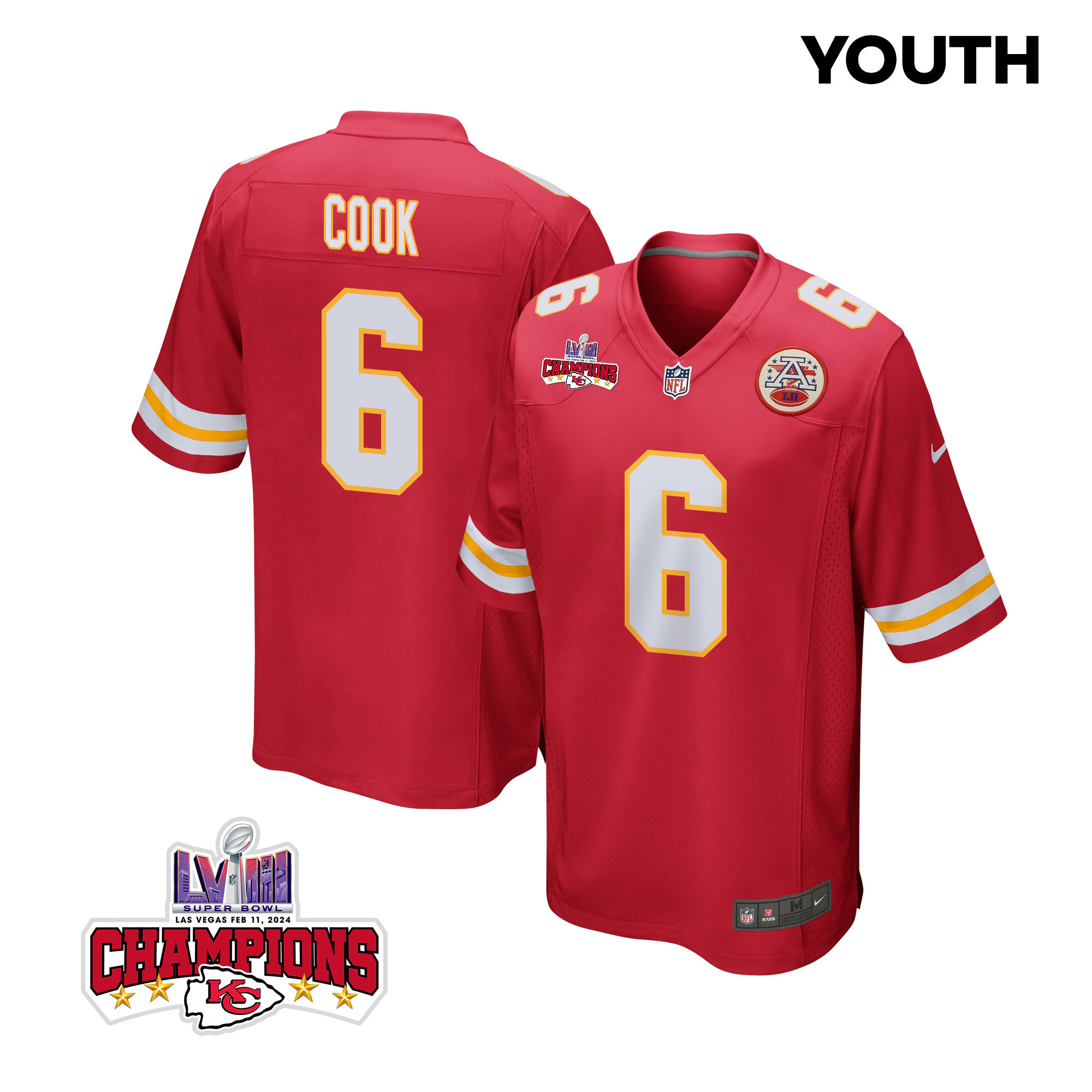 Bryan Cook #6 Kansas City Chiefs Super Bowl LVIII Champions 4 Stars Patch Game Jersey - Youth | Red