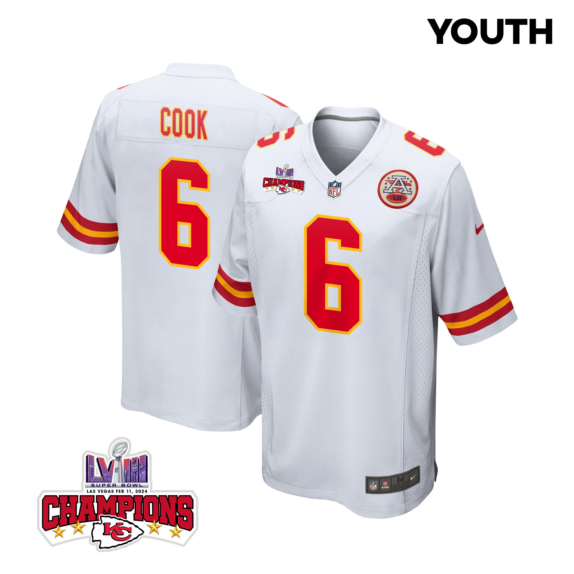 Bryan Cook #6 Kansas City Chiefs Super Bowl LVIII Champions 4 Stars Patch Game Jersey - Youth | White