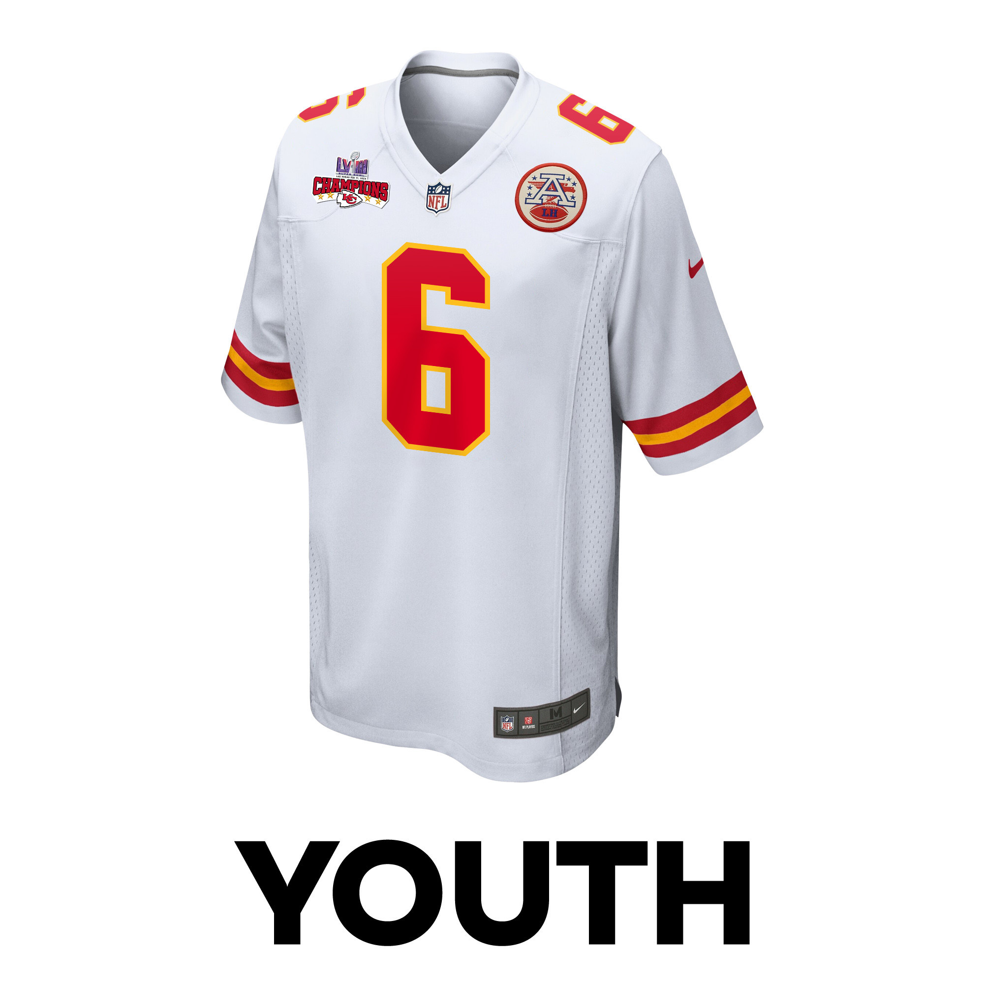Alternative view of Bryan Cook #6 Kansas City Chiefs Super Bowl LVIII Champions 4 Stars Patch Game Jersey - Youth | White