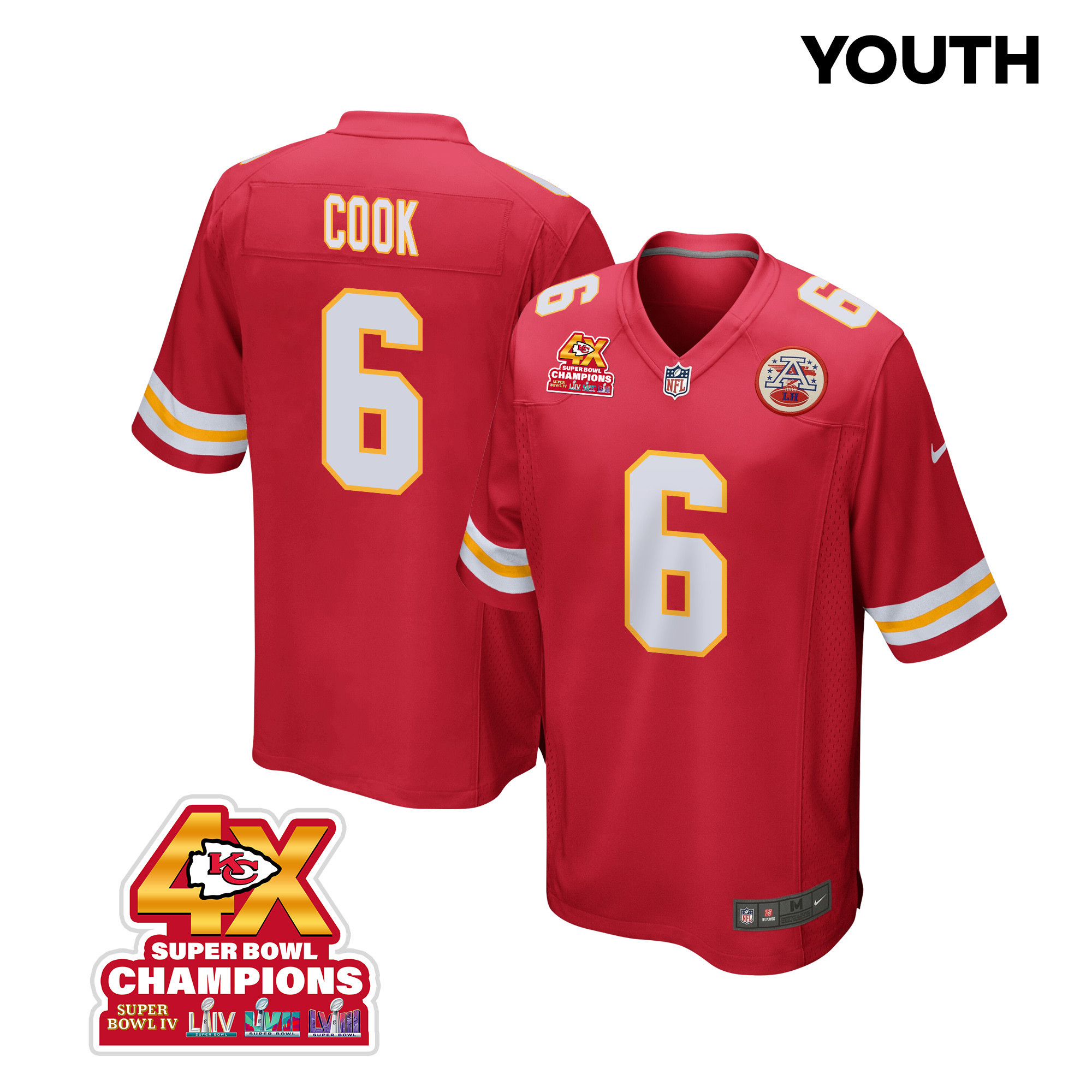 Bryan Cook #6 Kansas City Chiefs Super Bowl LVIII Champions 4X Game Jersey - Youth | Red