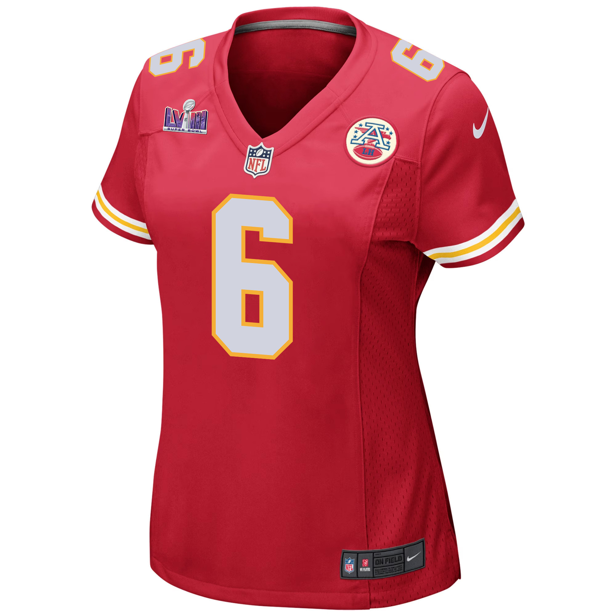 Alternative view of Bryan Cook #6 Kansas City Chiefs Super Bowl LVIII Patch Game Jersey - Women's | Red