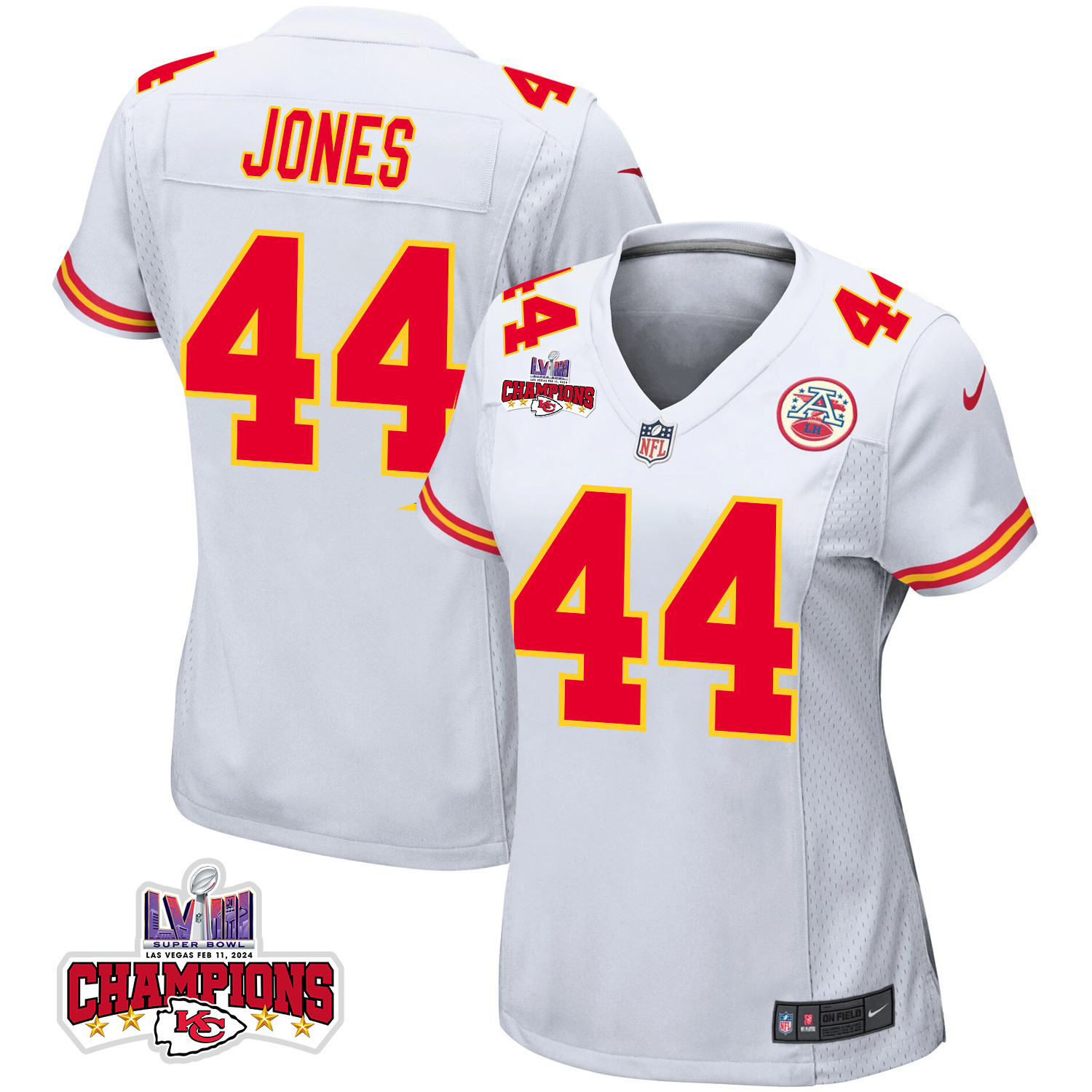 Cam Jones #44 Kansas City Chiefs Super Bowl LVIII Champions 4 Stars Patch Game Jersey - Women's | White