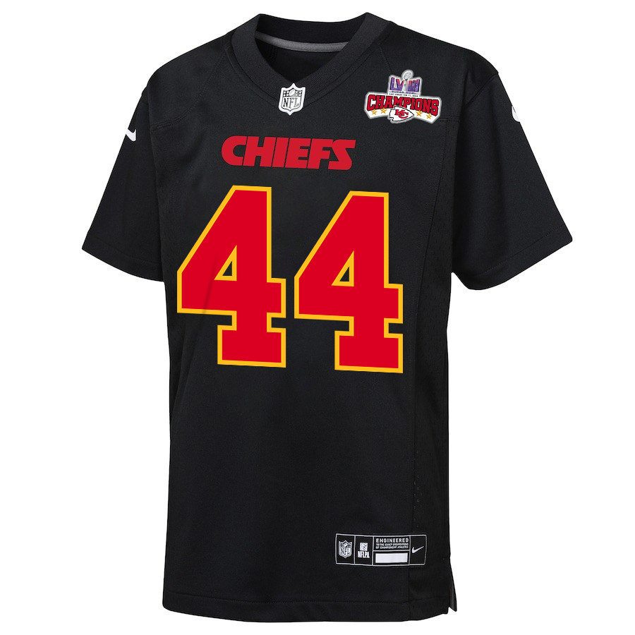 Alternative view of Cam Jones #44 Kansas City Chiefs Super Bowl LVIII Champions 4 Stars Patch Game Jersey - Youth | Carbon Black
