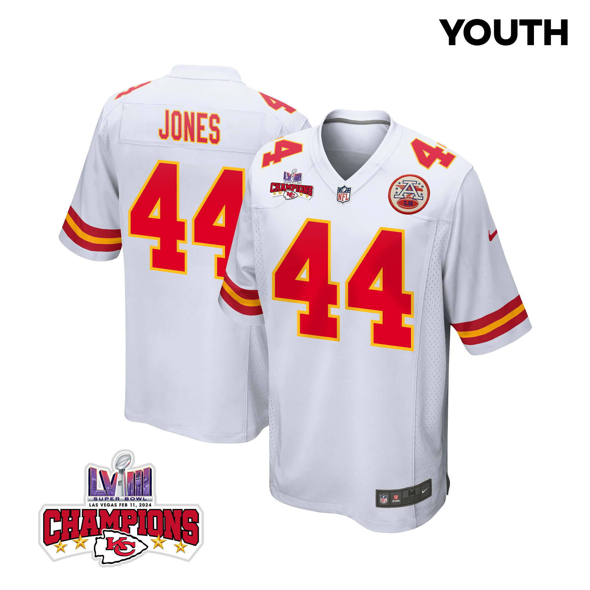 Cam Jones #44 Kansas City Chiefs Super Bowl LVIII Champions 4 Stars Patch Game Jersey - Youth | White