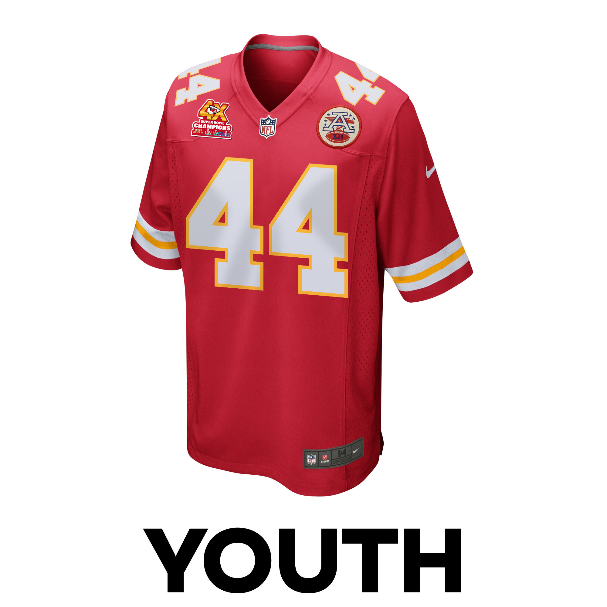 Alternative view of Cam Jones #44 Kansas City Chiefs Super Bowl LVIII Champions 4X Game Jersey - Youth | Red