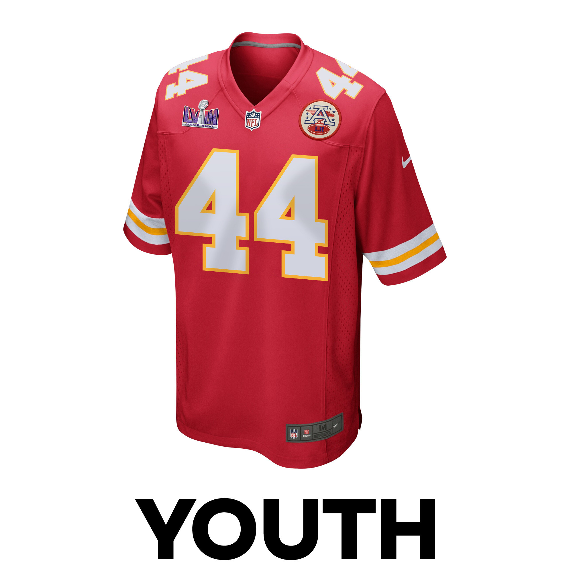 Alternative view of Cam Jones #44 Kansas City Chiefs Super Bowl LVIII Patch Game Jersey - Youth | Red