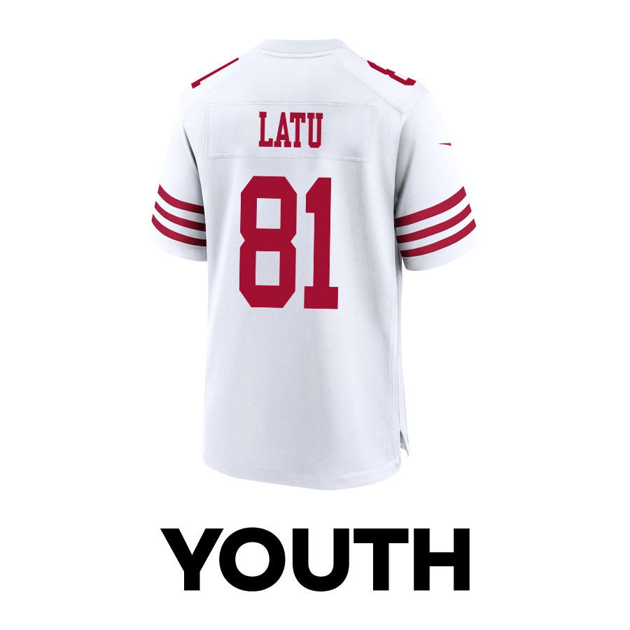 Cameron Latu #81 San Francisco 49ers Super Bowl LVIII Patch Game Jersey - Youth | White - Image 3