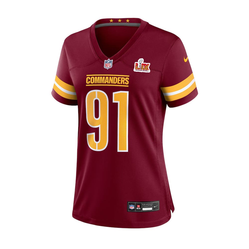Alternative view of Carl Davis Jr. #91 Washington Commanders Super Bowl LIX Game Jersey - Women's | Burgundy