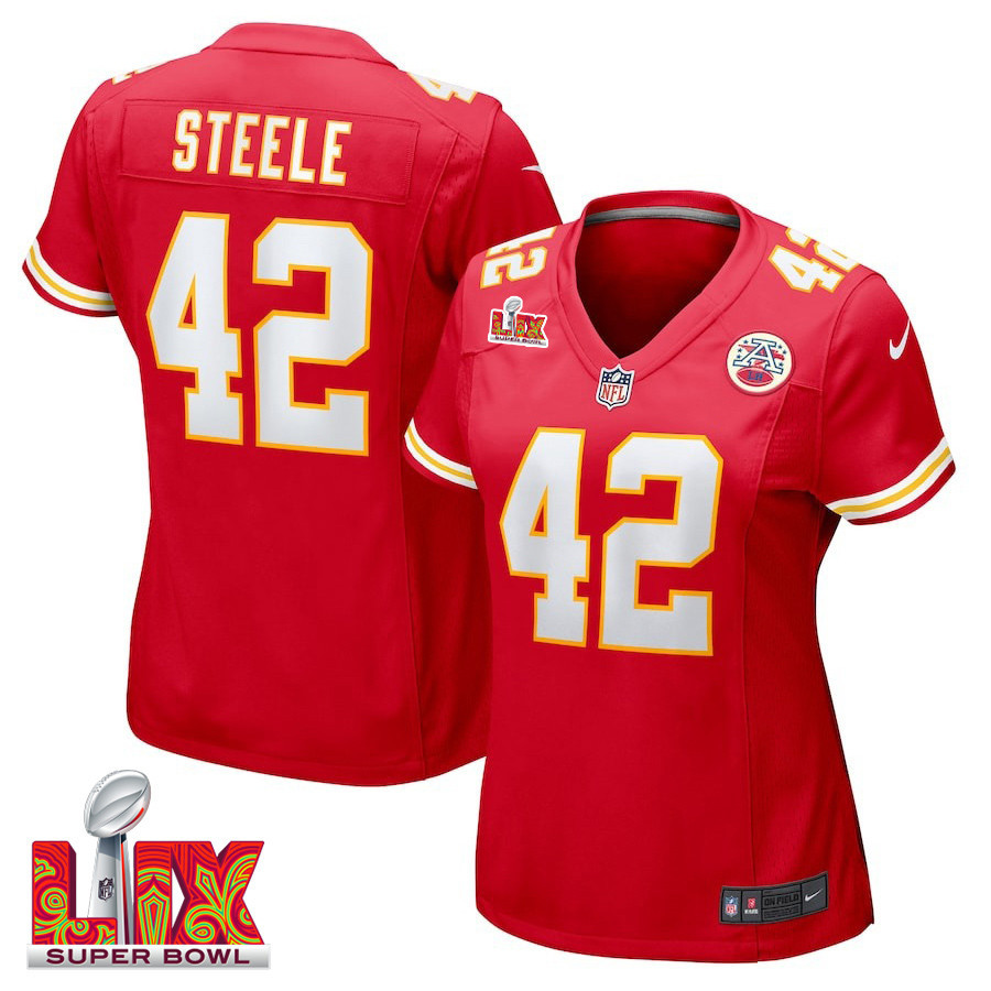 Carson Steele #42 Kansas City Chiefs Super Bowl LIX Game Jersey - Women's | Red