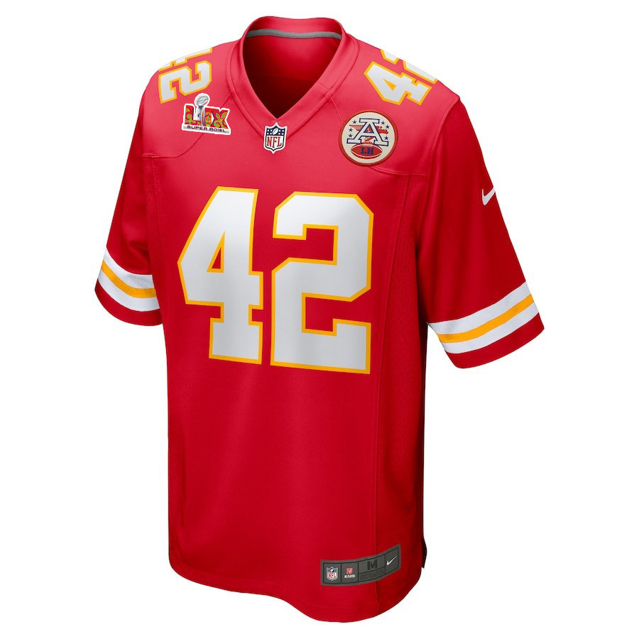 Alternative view of Carson Steele #42 Kansas City Chiefs Super Bowl LIX Game Jersey - Youth | Red
