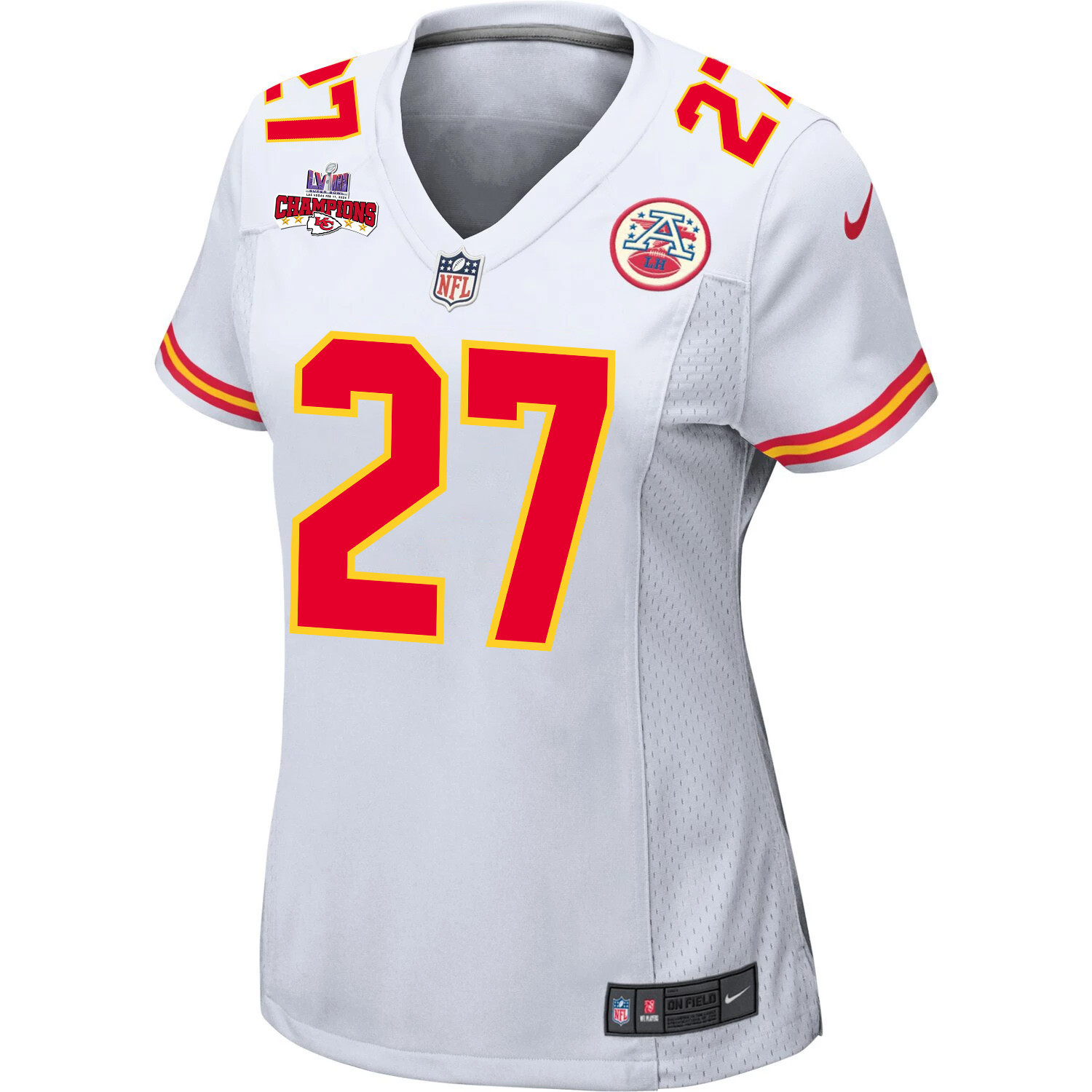 Alternative view of Chamarri Conner #27 Kansas City Chiefs Super Bowl LVIII Champions 4 Stars Patch Game Jersey - Women's | White