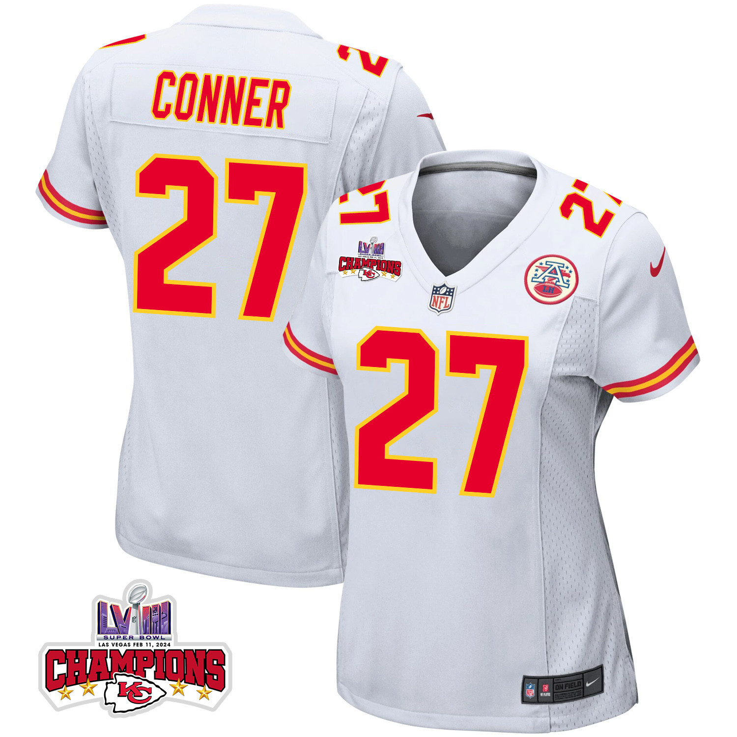 Chamarri Conner #27 Kansas City Chiefs Super Bowl LVIII Champions 4 Stars Patch Game Jersey - Women's | White