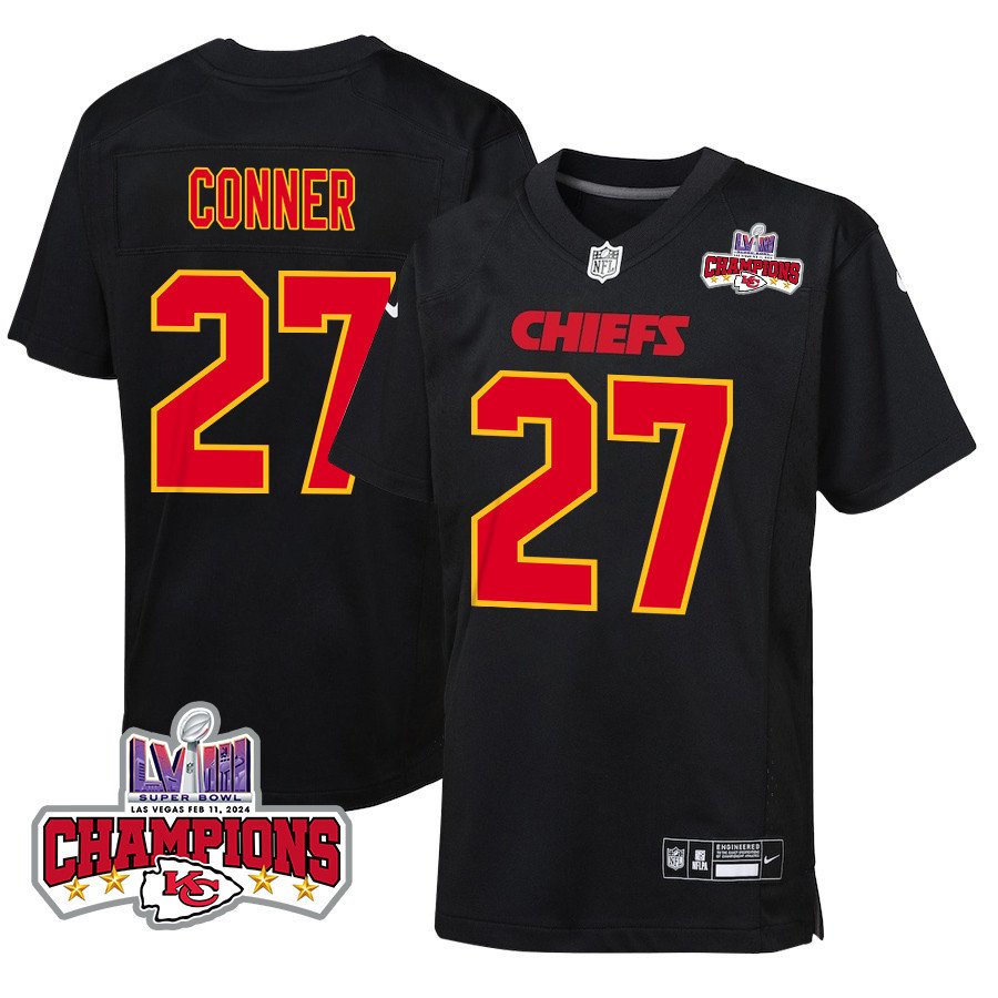 Chamarri Conner #27 Kansas City Chiefs Super Bowl LVIII Champions 4 Stars Patch Game Jersey - Youth | Carbon Black