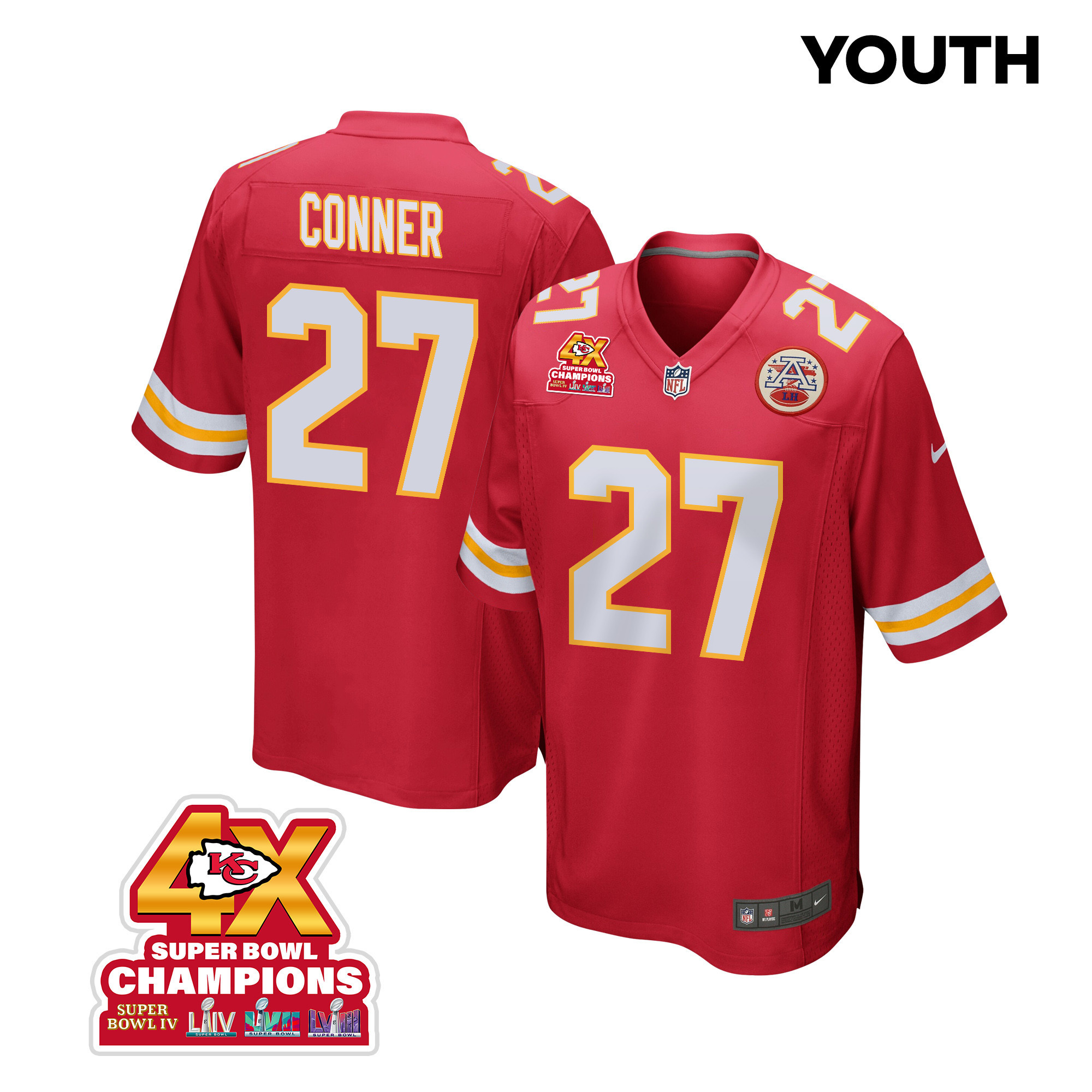 Chamarri Conner #27 Kansas City Chiefs Super Bowl LVIII Champions 4X Game Jersey - Youth | Red