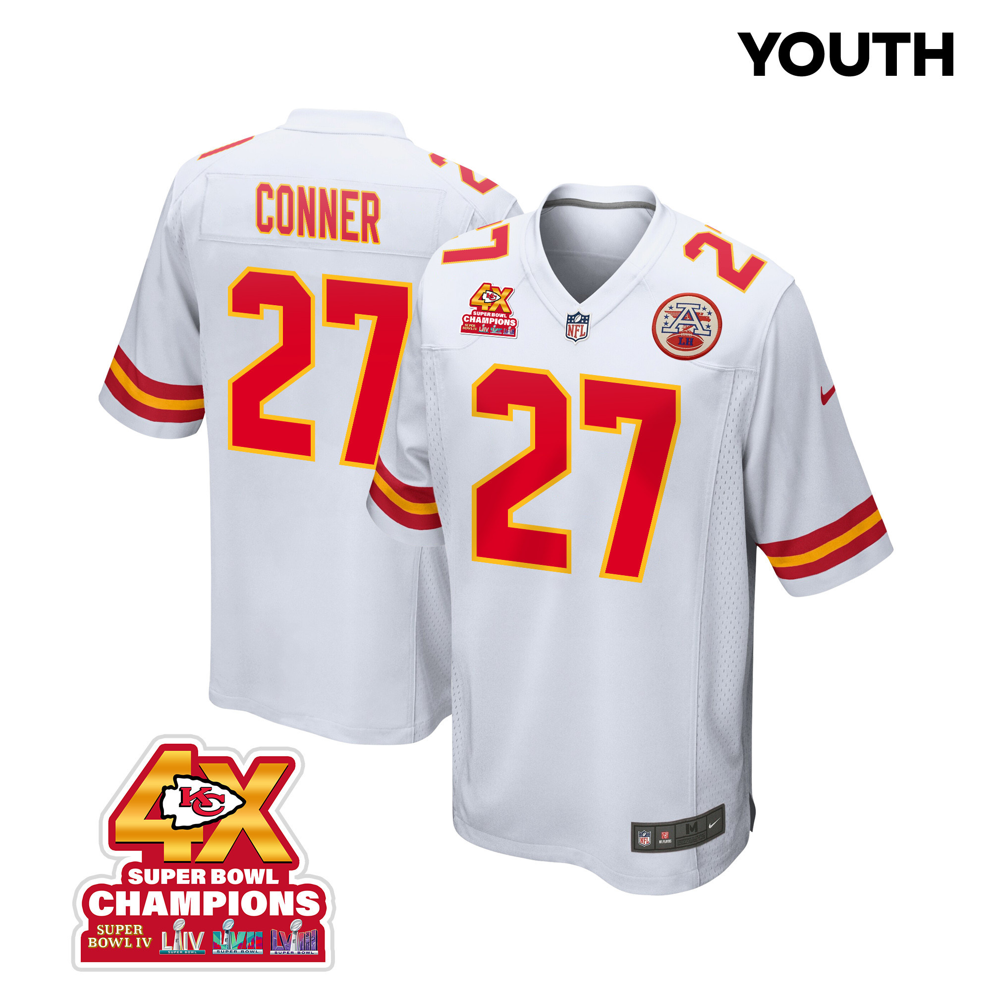 Chamarri Conner #27 Kansas City Chiefs Super Bowl LVIII Champions 4X Game Jersey - Youth | White