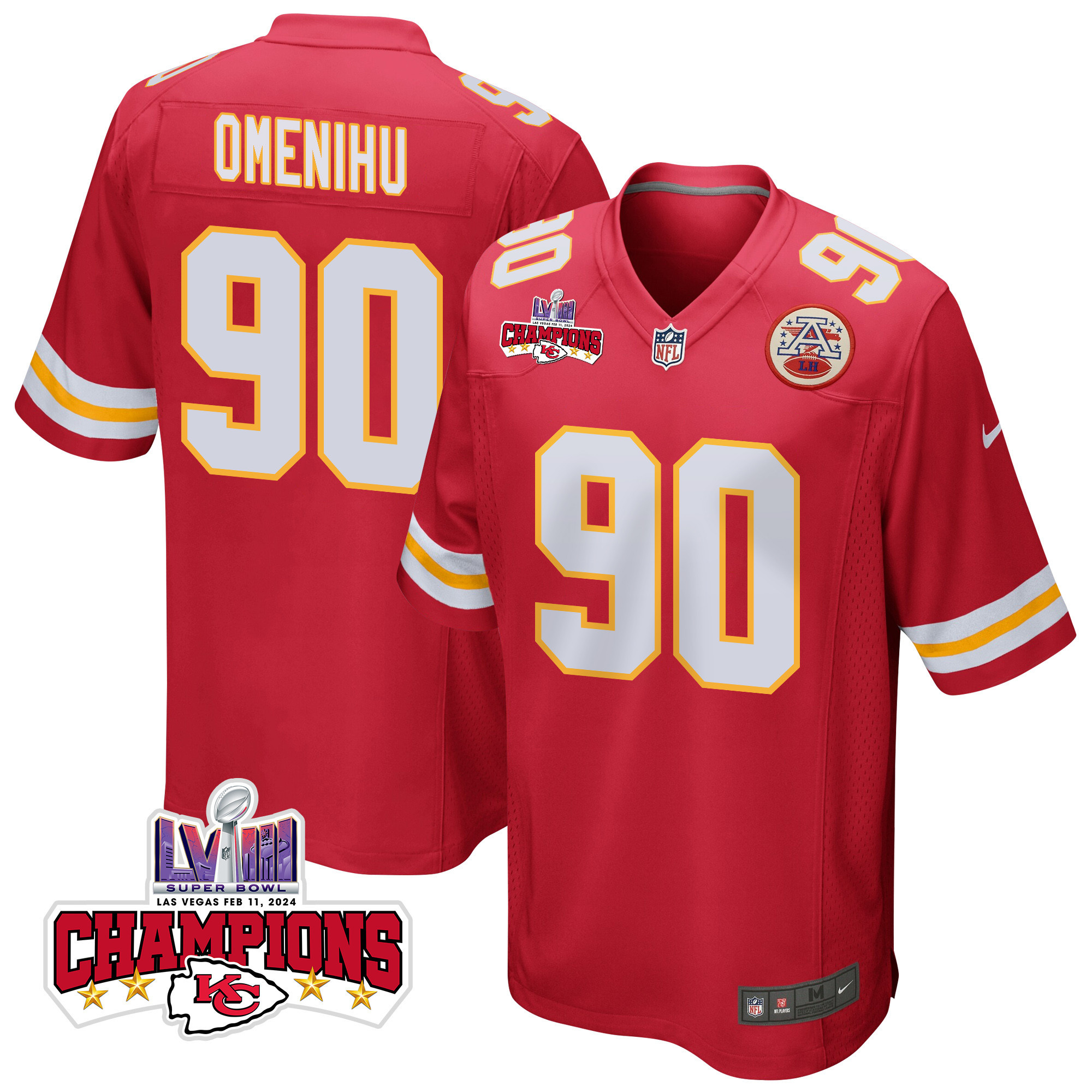 Charles Omenihu #90 Kansas City Chiefs Super Bowl LVIII Champions 4 Stars Patch Game Jersey - Men's | Red
