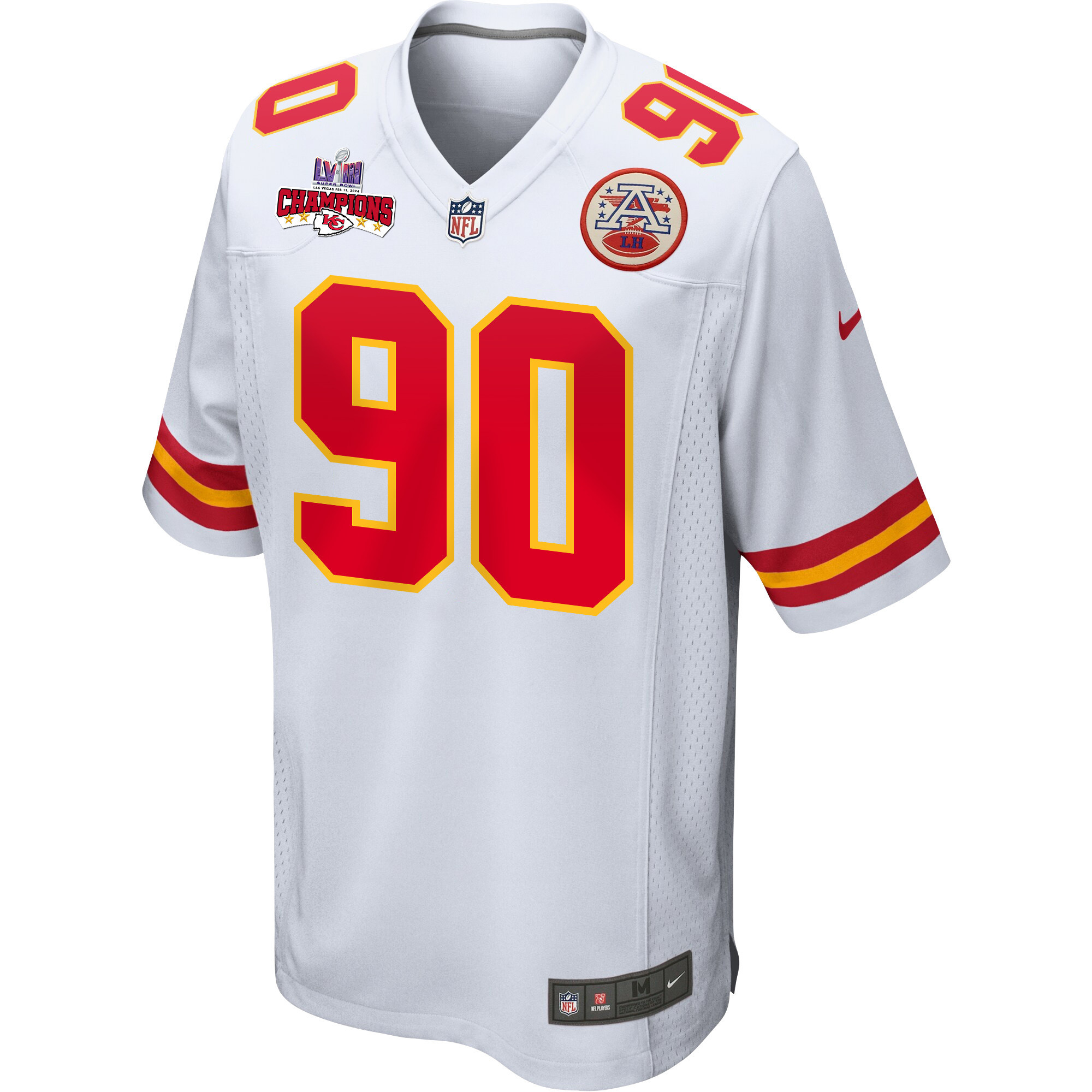 Alternative view of Charles Omenihu #90 Kansas City Chiefs Super Bowl LVIII Champions 4 Stars Patch Game Jersey - Men's | White