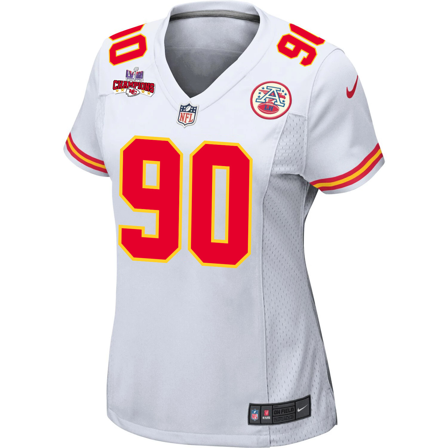 Alternative view of Charles Omenihu #90 Kansas City Chiefs Super Bowl LVIII Champions 4 Stars Patch Game Jersey - Women's | White