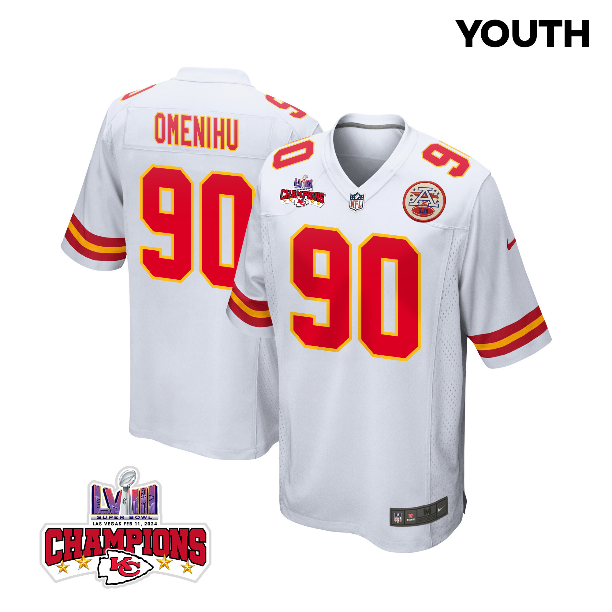 Charles Omenihu #90 Kansas City Chiefs Super Bowl LVIII Champions 4 Stars Patch Game Jersey - Youth | White