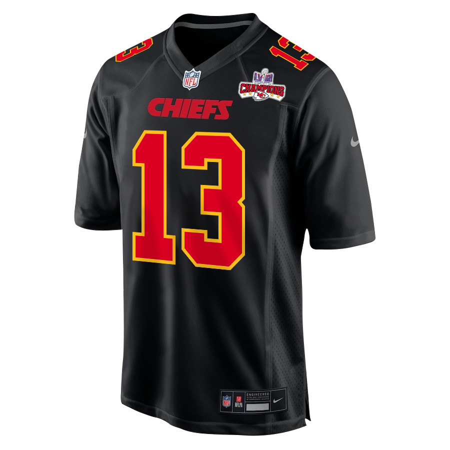 Alternative view of Chris Oladokun #13 Kansas City Chiefs Super Bowl LVIII Champions 4 Stars Patch Game Jersey - Men's | Carbon Black