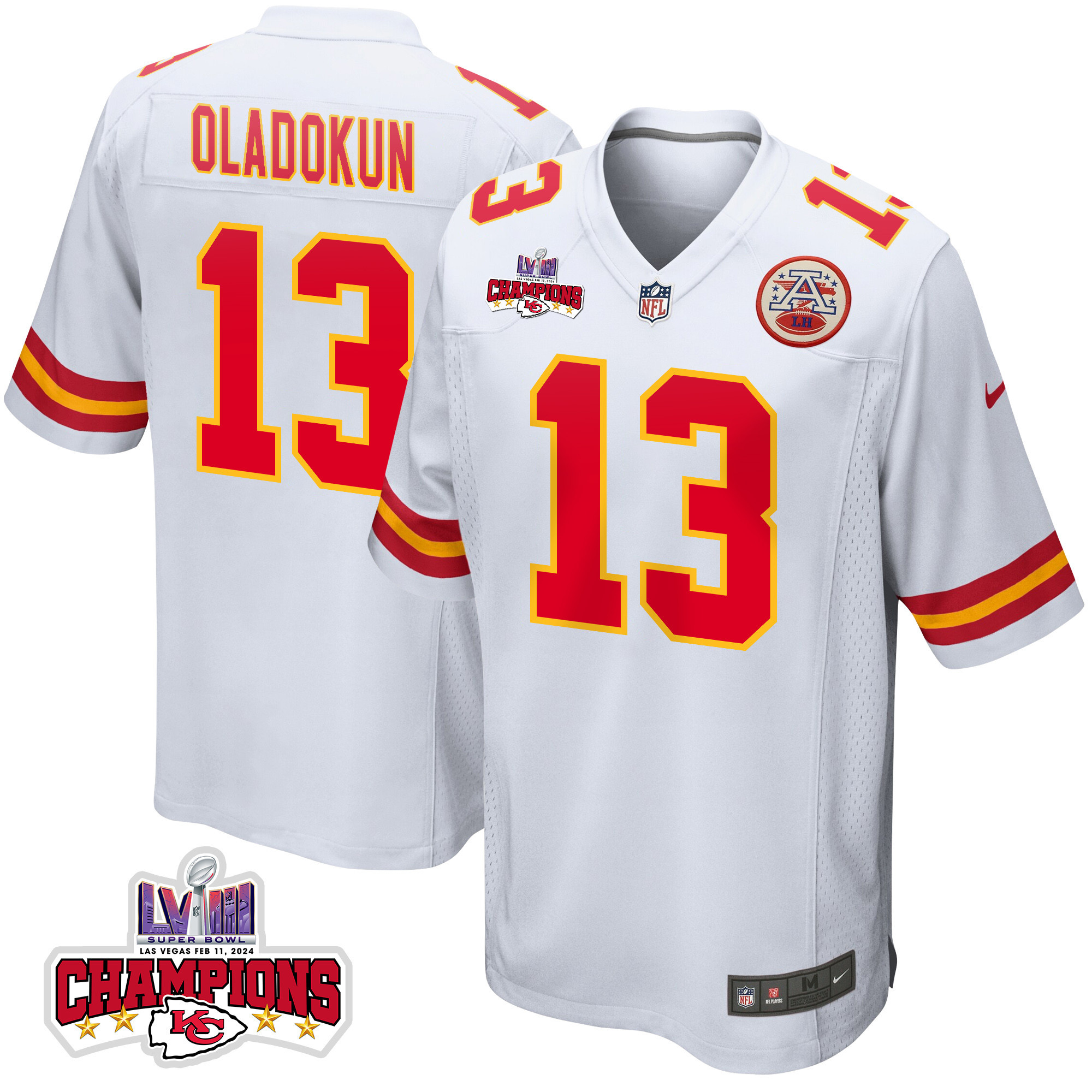 Chris Oladokun #13 Kansas City Chiefs Super Bowl LVIII Champions 4 Stars Patch Game Jersey - Men's | White