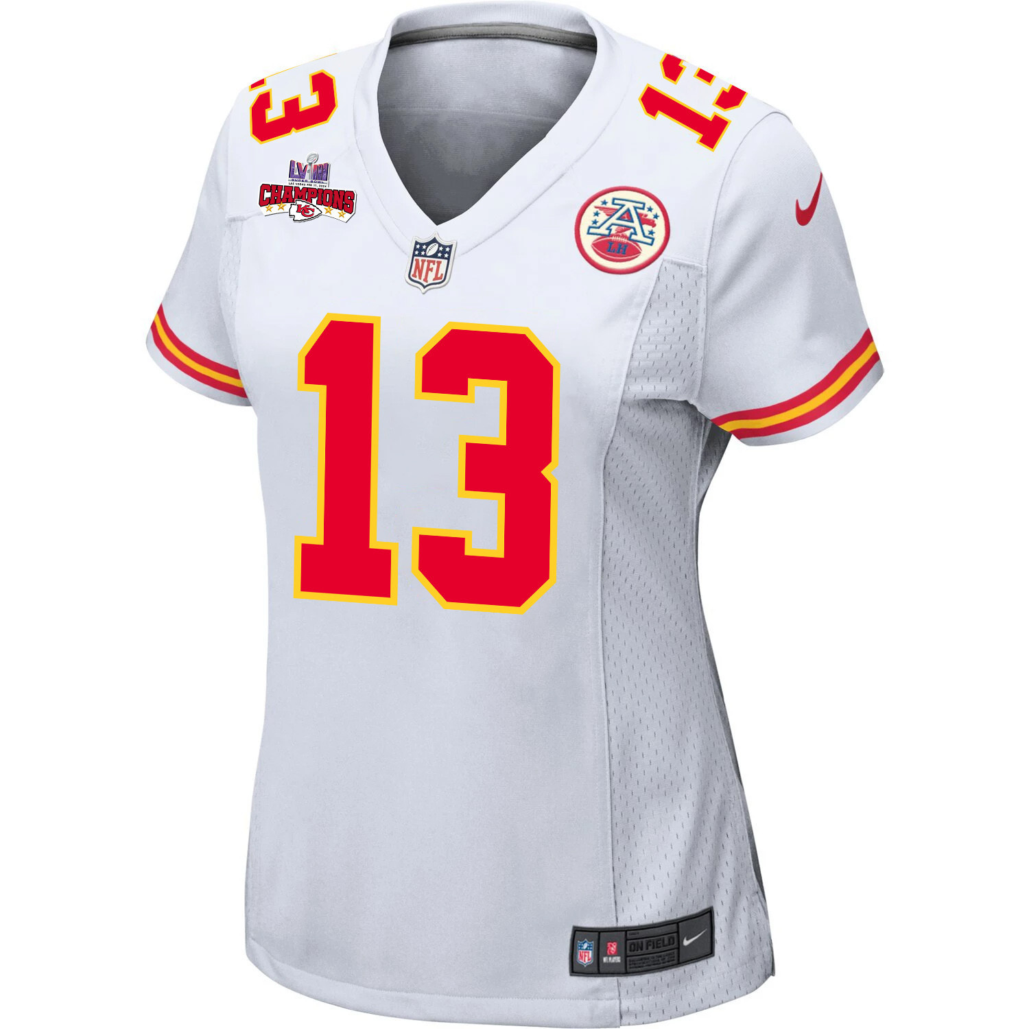 Alternative view of Chris Oladokun #13 Kansas City Chiefs Super Bowl LVIII Champions 4 Stars Patch Game Jersey - Women's | White