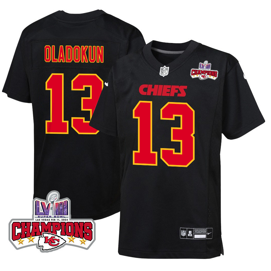 Chris Oladokun #13 Kansas City Chiefs Super Bowl LVIII Champions 4 Stars Patch Game Jersey - Youth | Carbon Black