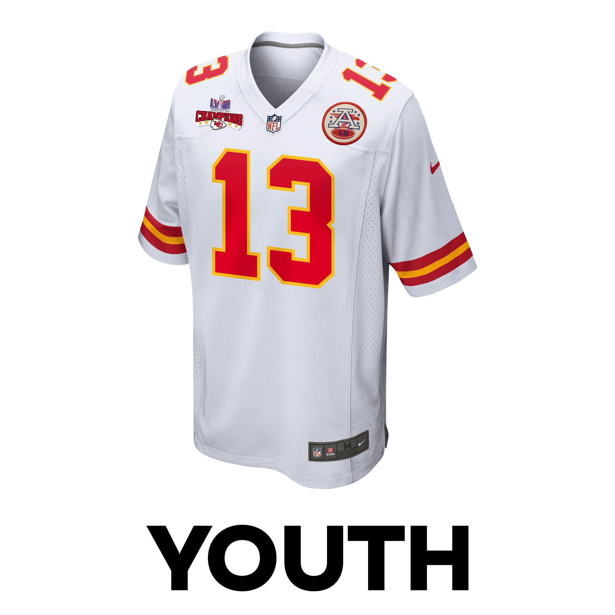 Alternative view of Chris Oladokun #13 Kansas City Chiefs Super Bowl LVIII Champions 4 Stars Patch Game Jersey - Youth | White