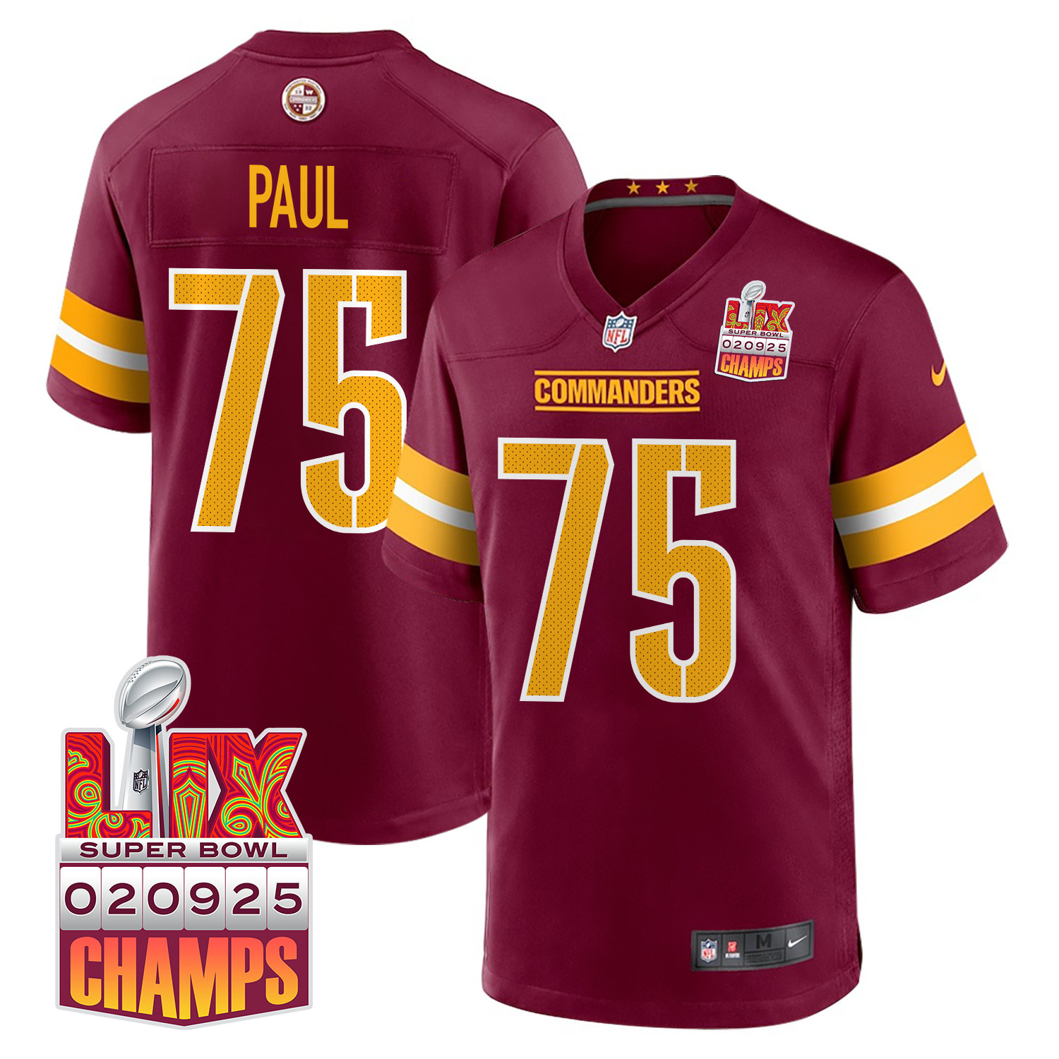 Chris Paul #75 Washington Commanders Super Bowl LIX Champions Patch Game Jersey - Men's | Burgundy