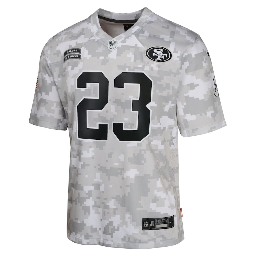 Alternative view of Christian McCaffrey #23 San Francisco 49ers Salute To Service Game Jersey - Youth | Arctic Camo