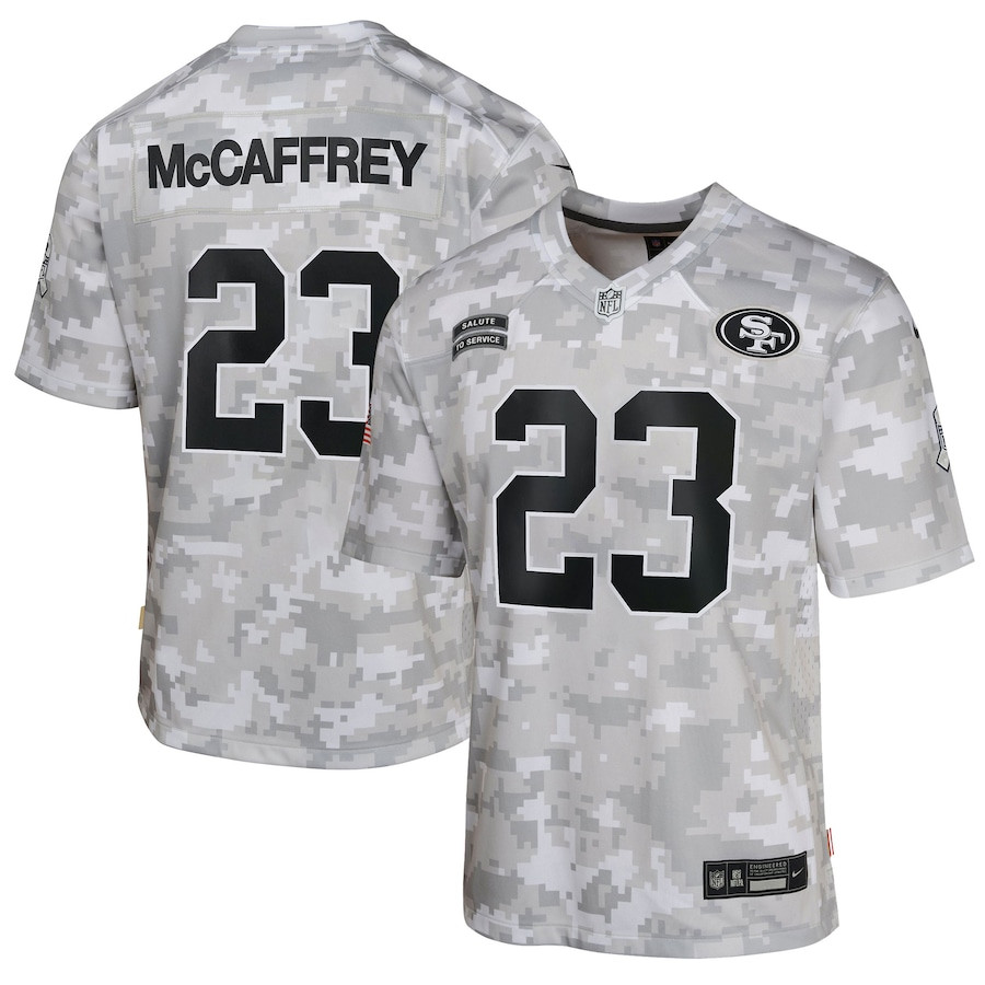 Christian McCaffrey #23 San Francisco 49ers Salute To Service Game Jersey - Youth | Arctic Camo