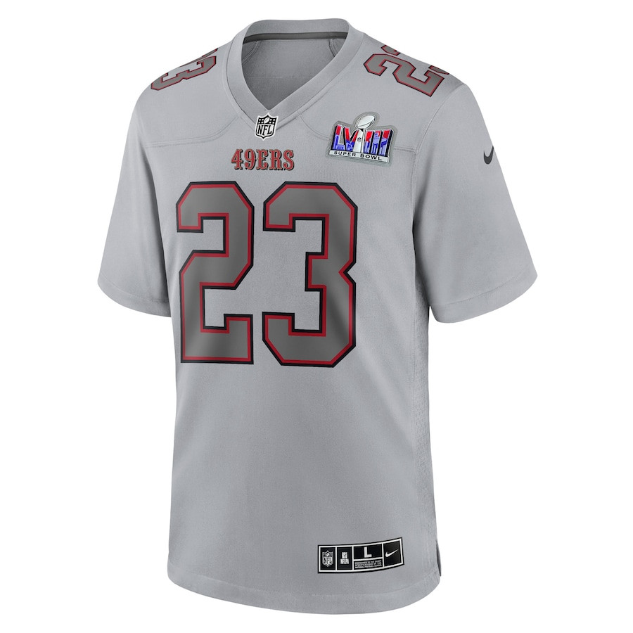 Alternative view of Christian McCaffrey #23 San Francisco 49ers Super Bowl LVIII Game Jersey - Men's | Gray