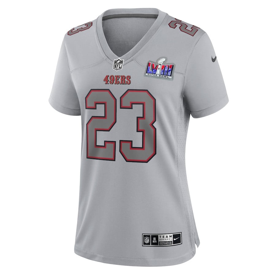 Alternative view of Christian McCaffrey #23 San Francisco 49ers Super Bowl LVIII Game Jersey - Women's | Gray
