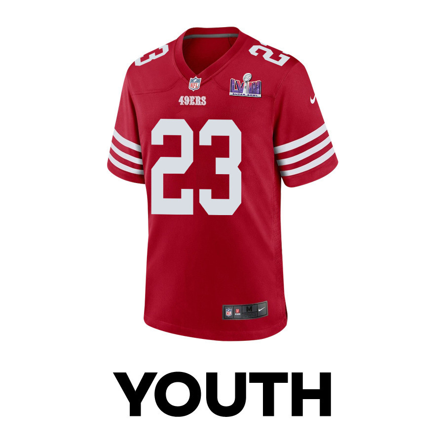 Alternative view of Christian McCaffrey #23 San Francisco 49ers Super Bowl LVIII Patch Game Jersey - Youth | Scarlet