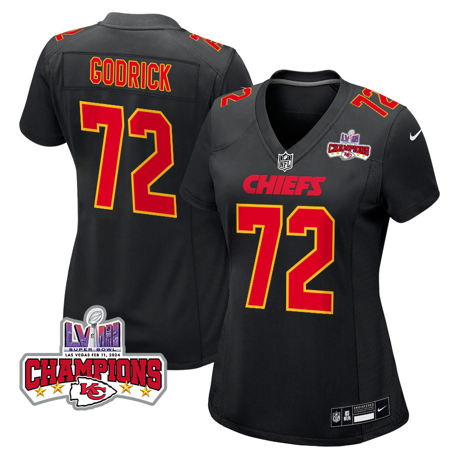 Chukwuebuka Godrick #72 Kansas City Chiefs Super Bowl LVIII Champions 4 Stars Patch Game Jersey - Women's | Carbon Black
