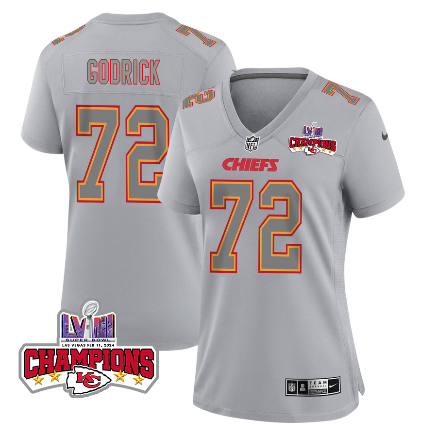 Chukwuebuka Godrick #72 Kansas City Chiefs Super Bowl LVIII Champions 4 Stars Patch Game Jersey - Women's | Gray