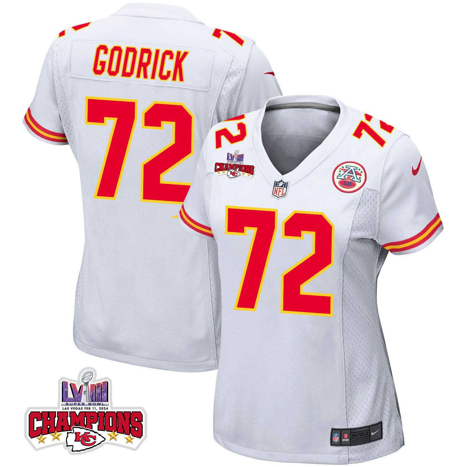 Chukwuebuka Godrick #72 Kansas City Chiefs Super Bowl LVIII Champions 4 Stars Patch Game Jersey - Women's | White